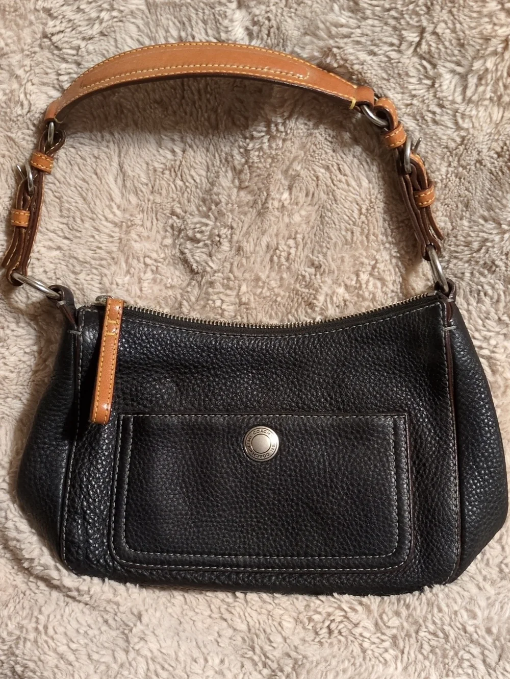Coach Pebbled Black Shoulder Bag with Tan Leather Strap